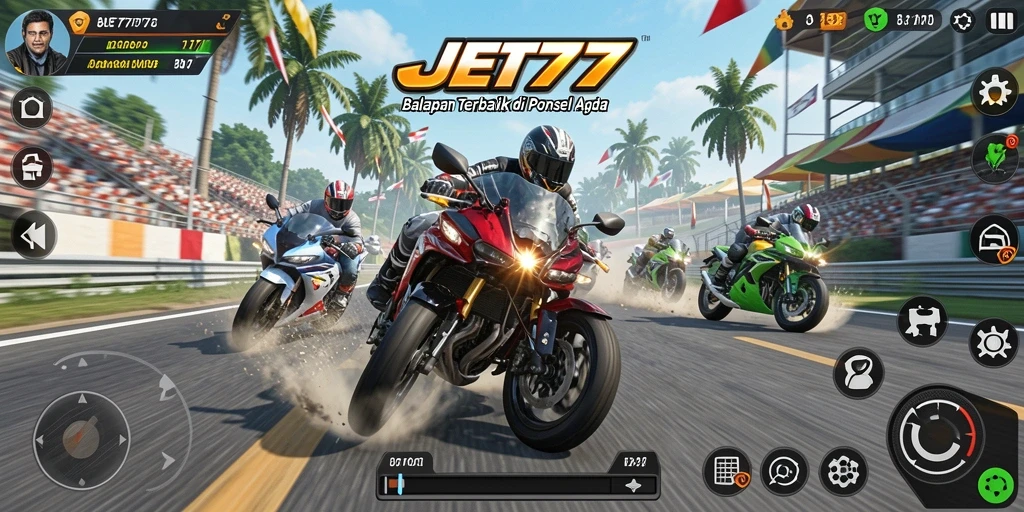 Screenshot gameplay JET77 menunjukkan balapan motor yang seru dan mendebarkan.