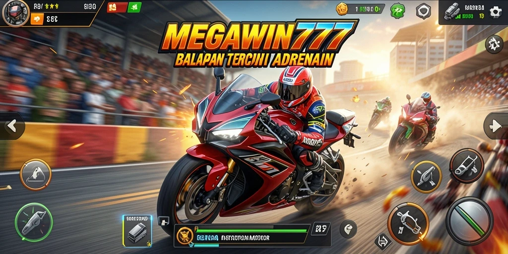 Tampilan gameplay yang mendebarkan dengan motor dan trek balap yang bervariasi.