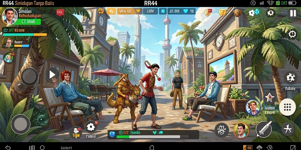 Tangkapan layar gameplay RR44 yang menunjukkan dunia simulasi yang kaya dan interaktif.