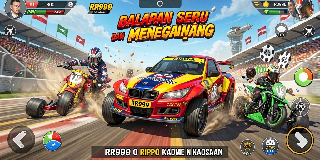 Screenshot utama RR999 menampilkan balapan seru di trek yang menantang.