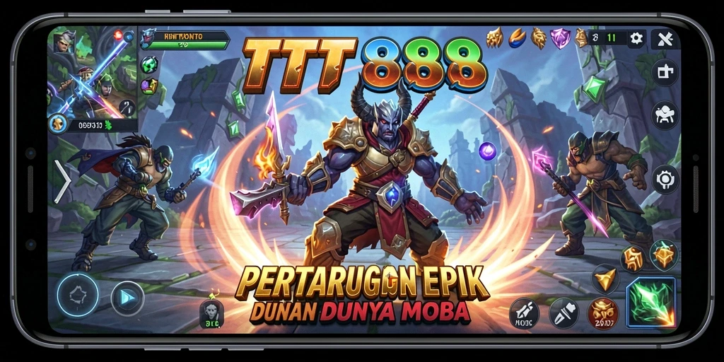 Screenshot menunjukkan pertempuran intens dalam game MOBA TTT888.